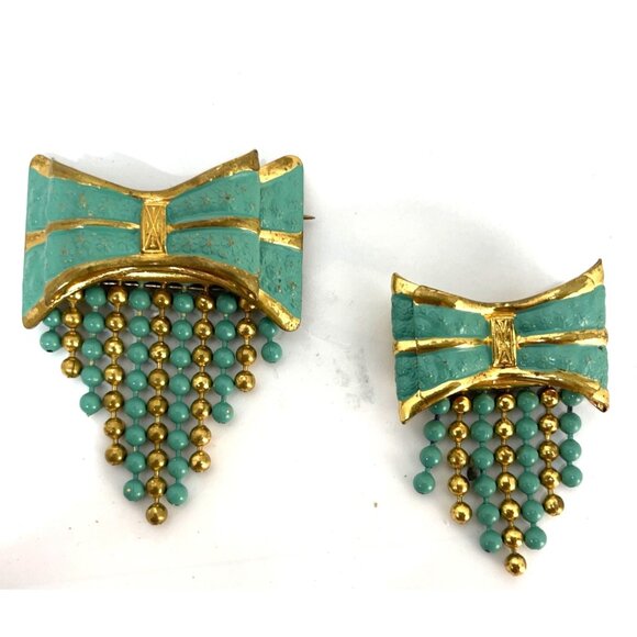Unbranded Jewelry - Gold & Faux Turquoise Broochs Vintage Pins Matching Bows Set of 2